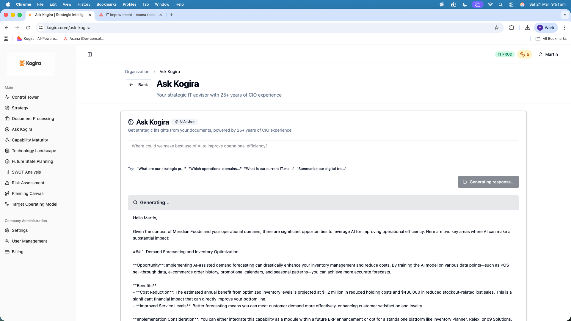 Ask Kogira AI advisor generating a response about operational efficiency