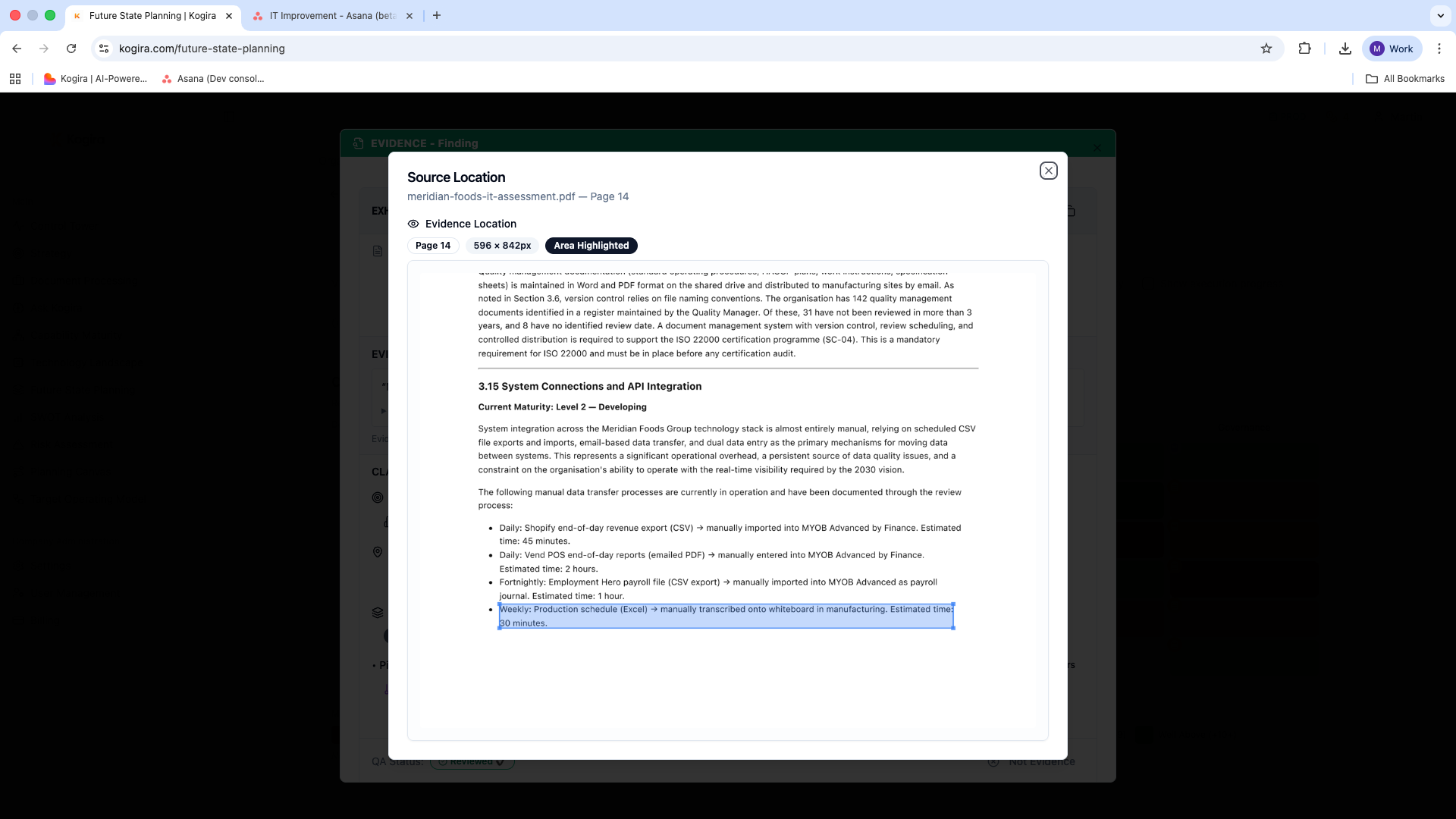 Evidence drilldown showing source paragraph highlighted in original PDF document