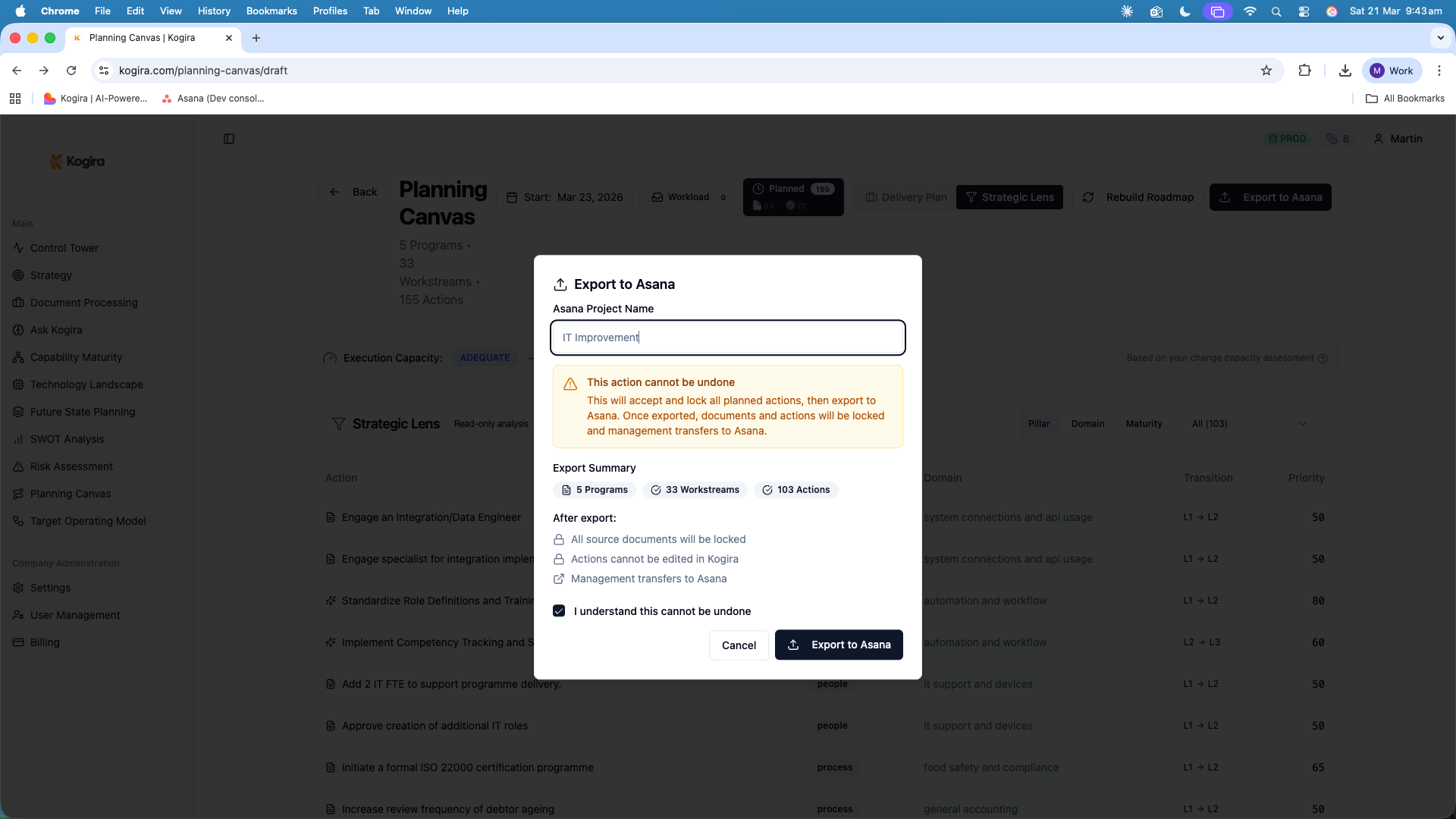 Export to Asana dialog showing 5 programs, 33 workstreams, and 103 actions