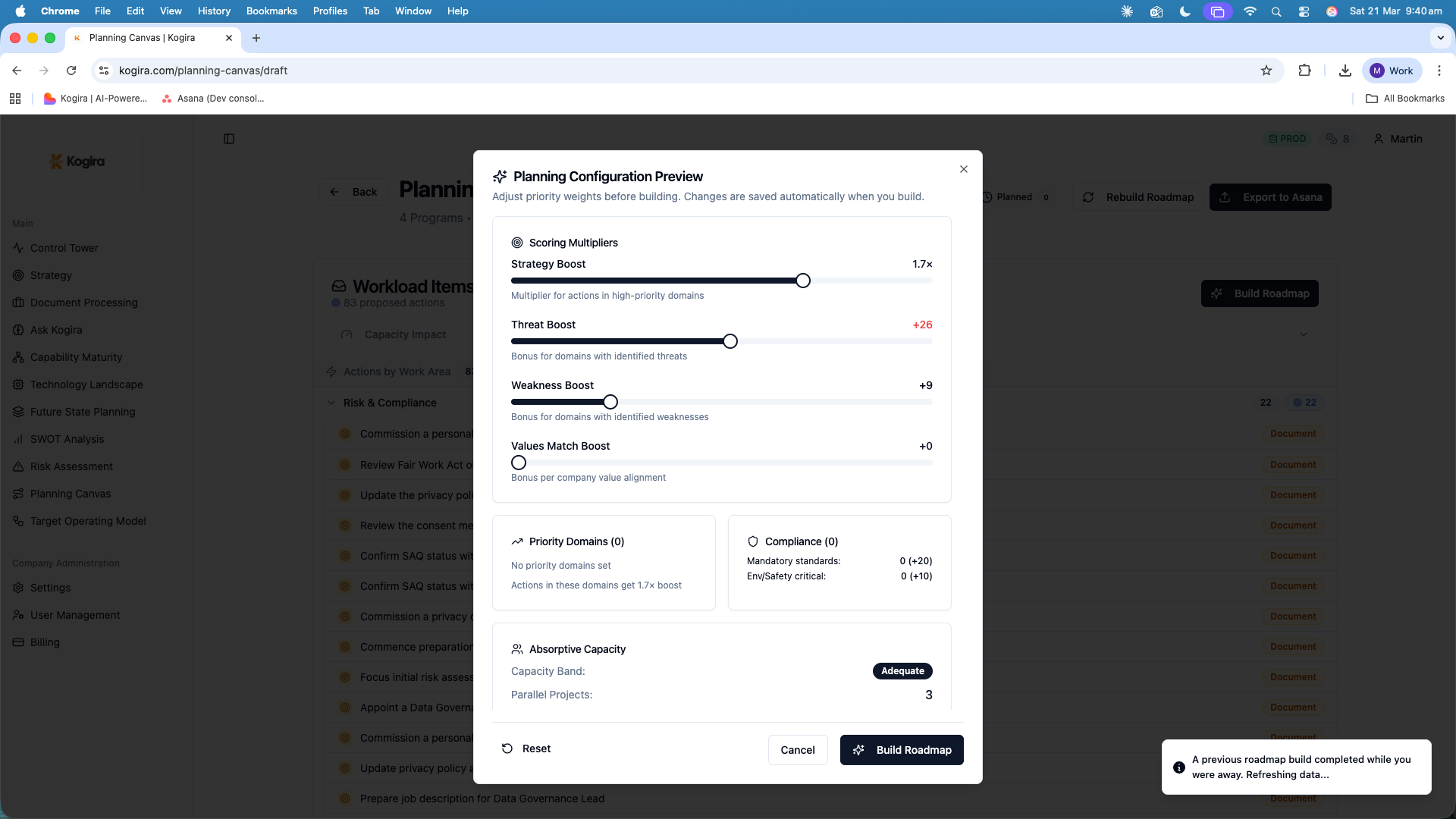 Planning configuration showing scoring multipliers and absorptive capacity band