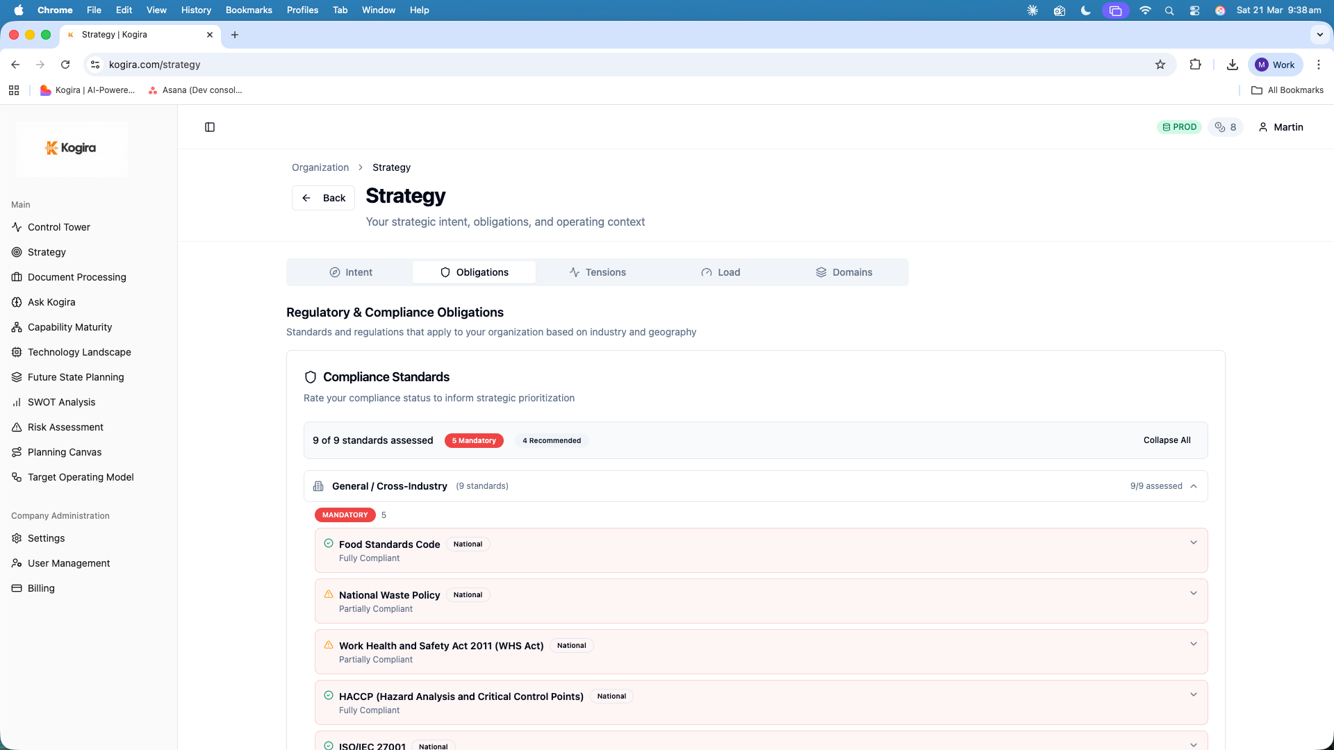 Evidence extraction view showing structured compliance obligations extracted from documents
